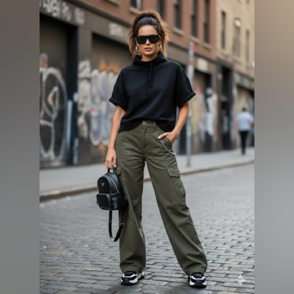 Lilla P Tops - 🛍️ Lilla P Black Cotton Short Sleeve Drawstring Mock Neck Cropped Sweatshirt M